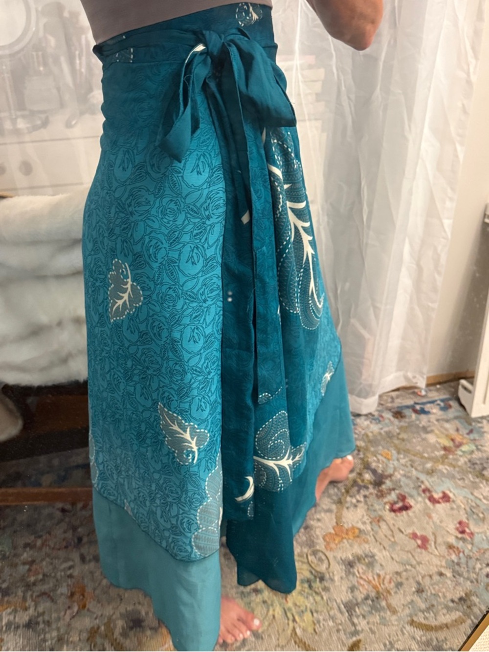 Reversible Teal Wrap Skirt with cream Paisley Accents